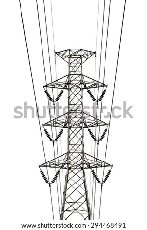 High voltage transmission lines isolated on white background. This has clipping path.