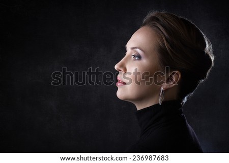 artistic portrait in a profile, of the beautiful woman, on the dark background