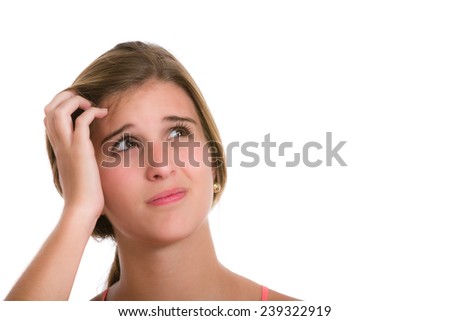 Confused or concern Hispanic Young woman  scratching head with with frustration. Image isolated on white with clipping path.