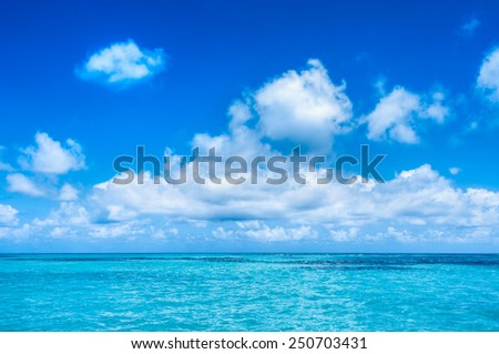 Turquoise waters and gentle waves of a Caribbean beach with deep blue sky.