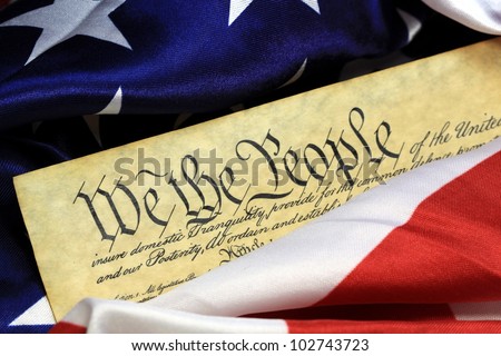 Preamble to the Constitution of the United States and American Flag
