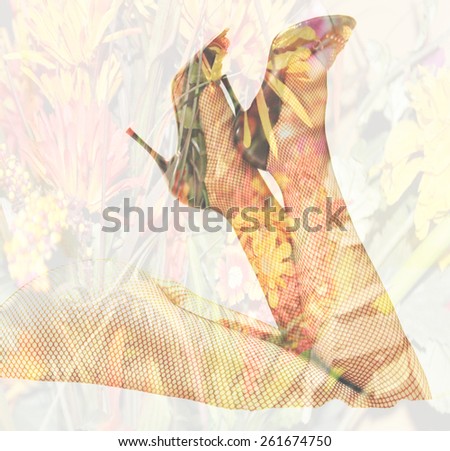 Double exposure female legs and high heels with flower background - Fashion and romance concept, unfocused
