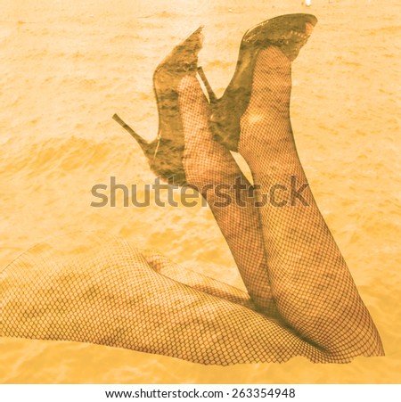 Double exposure female legs and high heels with ocean water background - Fashion concept
