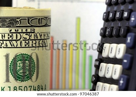Financial Chart, Calculator and US Currency One Hundred Dollar Bills.