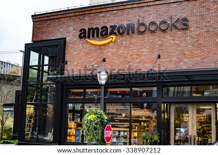 SEATTLE, WASHINGTON/USA - NOVEMBER 2015: Amazon opens its first real life brick and mortar bookstore called Amazon Books in Seattle\'s University Village