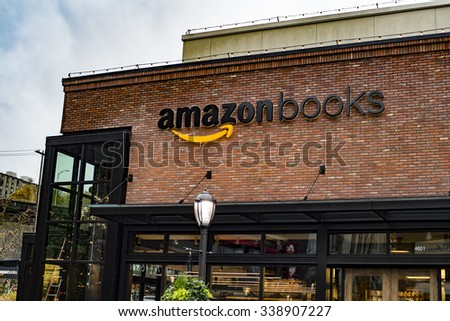 SEATTLE, WASHINGTON/USA - NOVEMBER 2015: Amazon opens its first real life brick and mortar bookstore called Amazon Books in Seattle\'s University Village