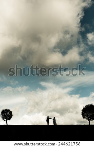 Silhouette of a bride and groom on the horizon. Trees in a row and thick clouds