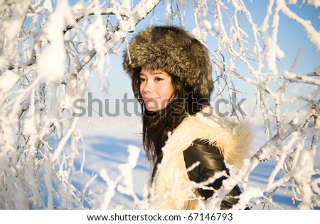 Winter portrait of asian woman in a cap of fur