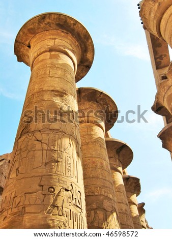 Grandiose colonnade of the hypostyle hall in the Temple of Amun-Ra in Karnak. Thebean Vally, Luxor, Egypt.