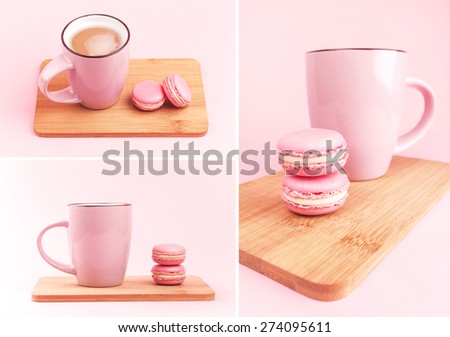 Collage. Pink french macaroons and pink cup of coffee lying on wooden board, on pink background