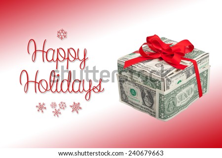 Money gift box with red ribbon and bow (one dollar bills) with \