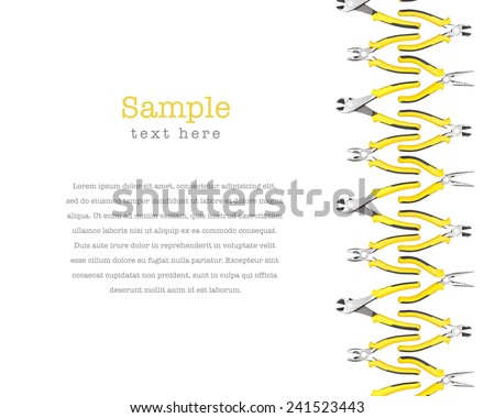 Yellow-black handy tools (pilers and screwdriver) forming texture on right side of picture, with place for your text on left side, isolated on white background