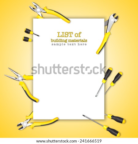 Handy tools forming background paper frame with pilers, claw and screwdriver on white-yellow gradient background