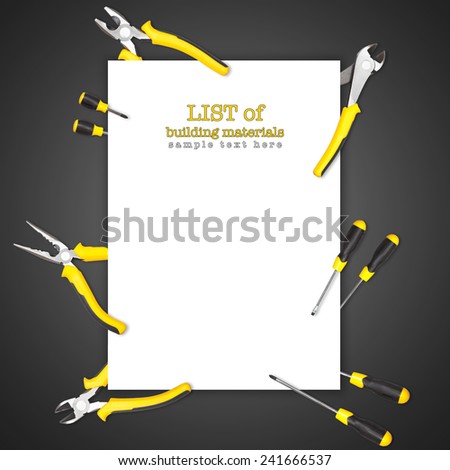 Handy tools forming background paper frame with pilers, claw and screwdriver on white-black gradient background