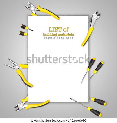 Handy tools forming background paper frame with pilers, claw and screwdriver on white-grey gradient background
