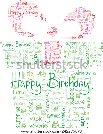 Happy Birthday words cloud concept in shape of a gift box, isolated on white background