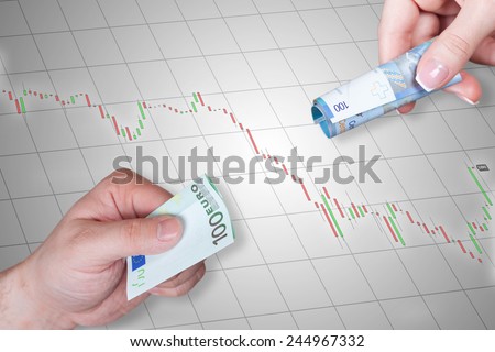 Swiss Franc and Euro banknotes on stock market chart background - Swiss Franc and euro is equal