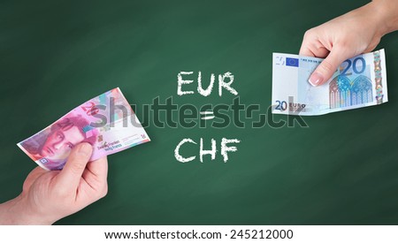 Swiss Franc and Euro banknotes on green board - Swiss Franc and euro is equal