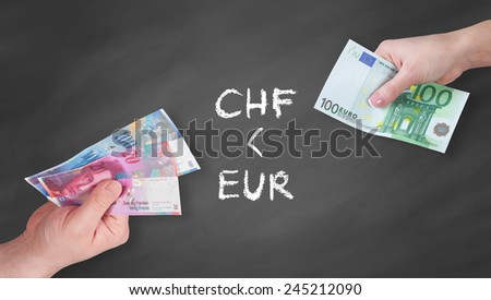Swiss Franc and Euro banknotes on black board - Euro is stronger than Swiss Franc