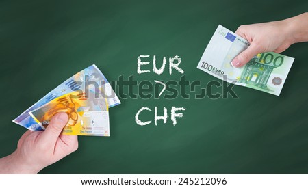Swiss Franc and Euro banknotes on green board - Euro is stronger than Swiss Franc