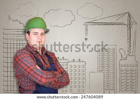 Handsome construction worker specialist (architect) thinking on building operation drawn background