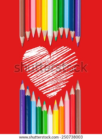 White drawn heart and heart shape formed by colored pencils on red background - Happy Valentines Day - Love Day