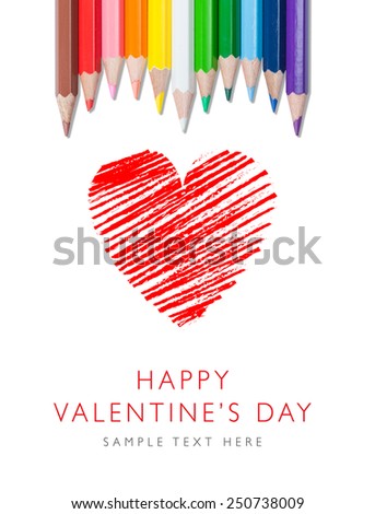 Red heart drawn by colored pencils on white background - Happy Valentines Day - Love Day