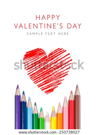 Red heart drawn by colored pencils on white background - Happy Valentines Day - Love Day