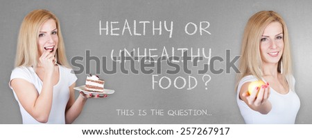 Beautiful young fitness model woman with a plate full of sweets and another with fruit apple - Weight loss diet - Isolated on old grey wall background with HEALTHY OR UNHEALTHY FOOD text