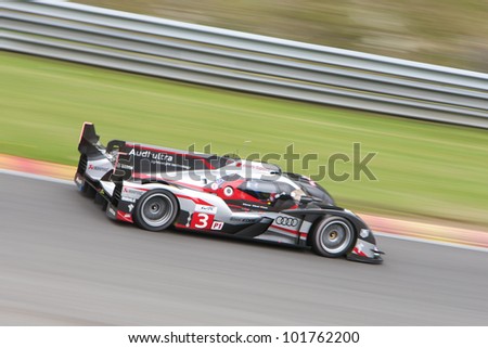 SPA FRANCORCHAMPS - MAY 3: Romain Dumas, Loic Duval, Marc GenÃ?Â© in the Audi R18 Ultra racing on May 3, 2012 in the 6 hours race of Spa Francorchamps, Belgium