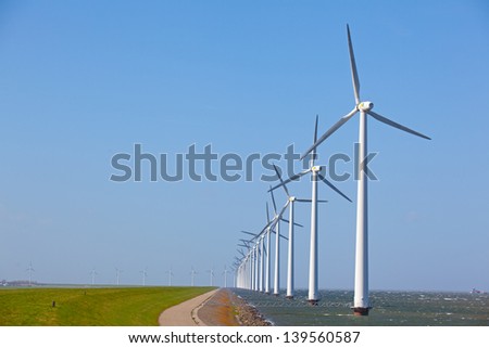 Row of Wind turbines in the ocean with a clear blue sky