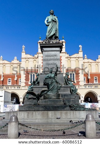 Adam Mickiewicz Monument in Front of the Cloth House in the Main Market Square of the Old Town in Krakow, Poland