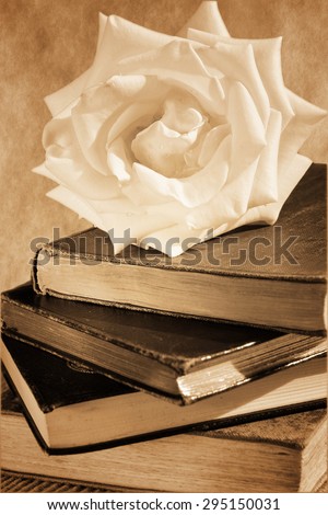 A pile of old books and a rose on the top. Vintage black&white, sepia-toned