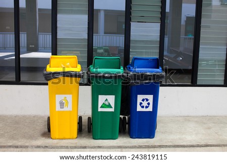 Yellow, blue, green bins , Recycling bins ,trashcan