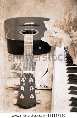 artwork  in vintage style, guitar and piano