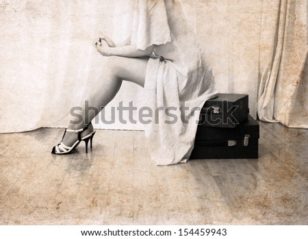 artwork  in vintage style,  beautiful woman sitting on heavy bags