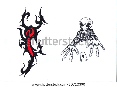 stock photo : Black, red and white tattoo pattern of lobster and skeleton