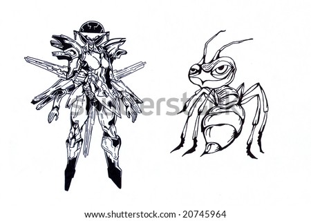 stock photo : Black and white tattoo of hornet and angel