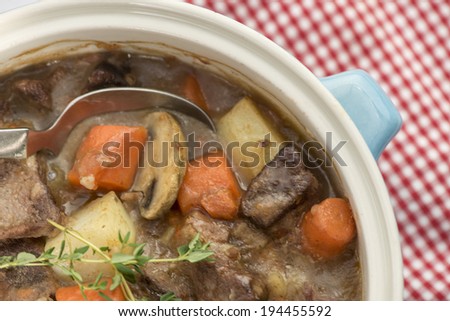 Beautiful hearty beef casserole with potatoes, carrots and mushroom