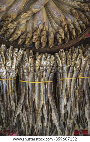 Bundles of dried fish on sale in the beachside markets in South East Asia
