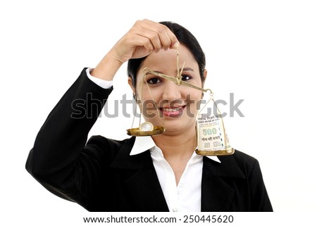 Business woman holding the justice scale- Money saving concept