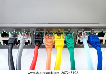 Network Switch with connected colourful network cables