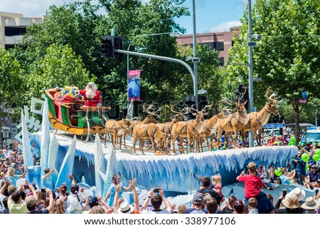 Adelaide, South Australia - November 14, 2015: Father Christmas arriving at Credit Union Christmas Pageant 2015.
