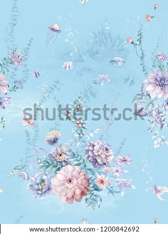 Blue sea coral, shell pearl and water grass flowers, through the hand-painted watercolor painting, particularly delicate, exquisite, dahlia,also blooming very beautiful