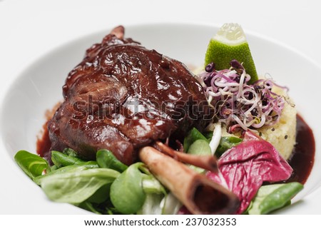 Lamb with white rice , lime, herbs and sauce on simple white plate