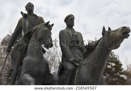 MOSCOW, RUSSIA - FEBRUARY 19, 2015: Two horse sculptures - soldiers of the Civil War Levinson and Metelitsa. Monument of A.A. Fadeev
