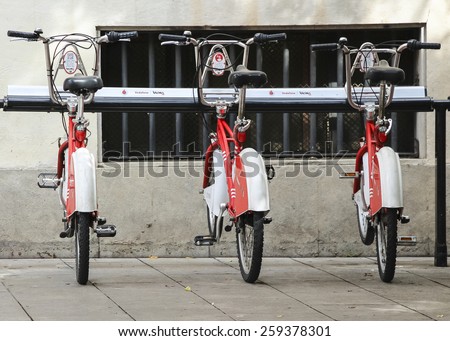 BARCELONA, SPAIN - SEPTEMBER 29: Some bicycles of the bicing service in Barcelona, Spain on September 29, 2014. With the bicing sharing service people can rent bicycles for short trips.