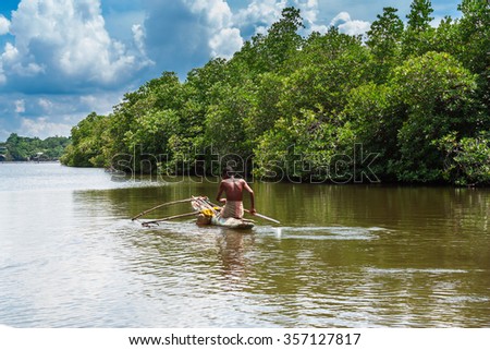 Tropical thickets mangrove forest on the island of Sri Lanka. Traditional fisherman in dugout canoe in Sri Lanka.