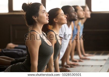 Group of young sporty afro american and caucasian people practicing yoga lesson, stretching in upward facing dog exercise, Urdhva mukha shvanasana pose, working out, indoor close up, studio side view