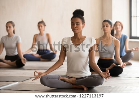 Yogi black woman and diverse group of young sporty people practicing yoga, doing Padmasana exercise, Lotus pose, working out indoor, female students training at club. Well being, wellness concept